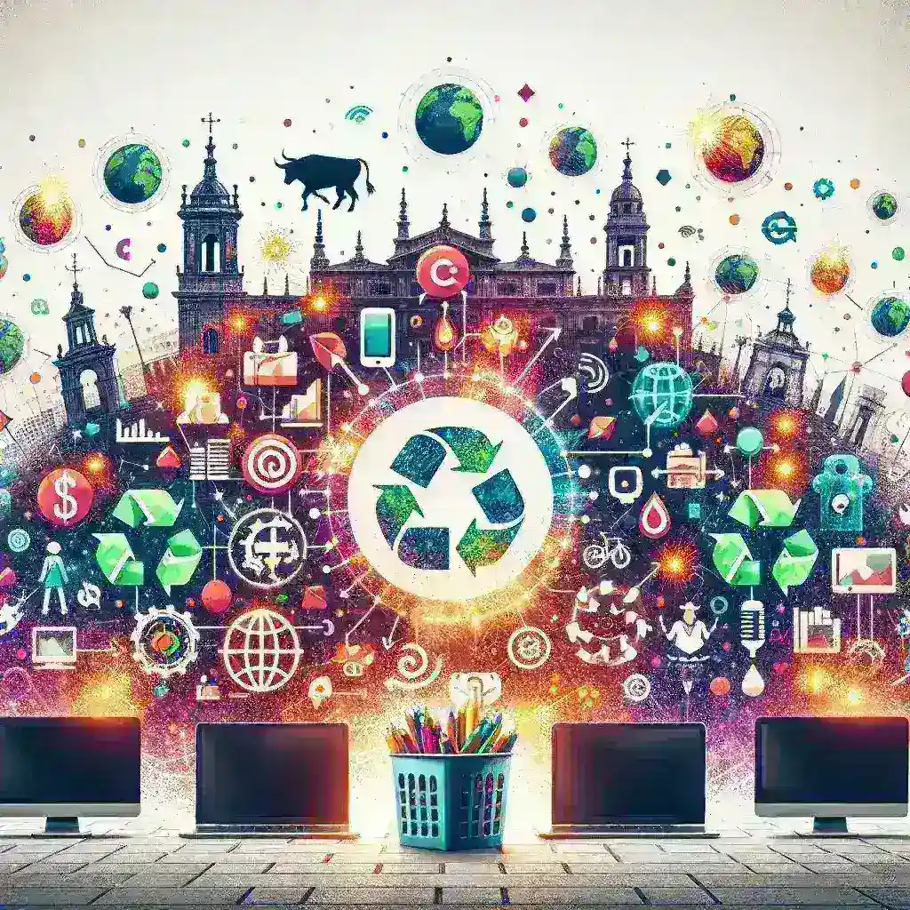 "Startups españolas lanzan marketplaces digitales para economía circular - Imagen ilustrativa de emprendedores trabajando en un espacio colaborativo, desarrollando soluciones innovadoras para el reciclaje y la sostenibilidad."