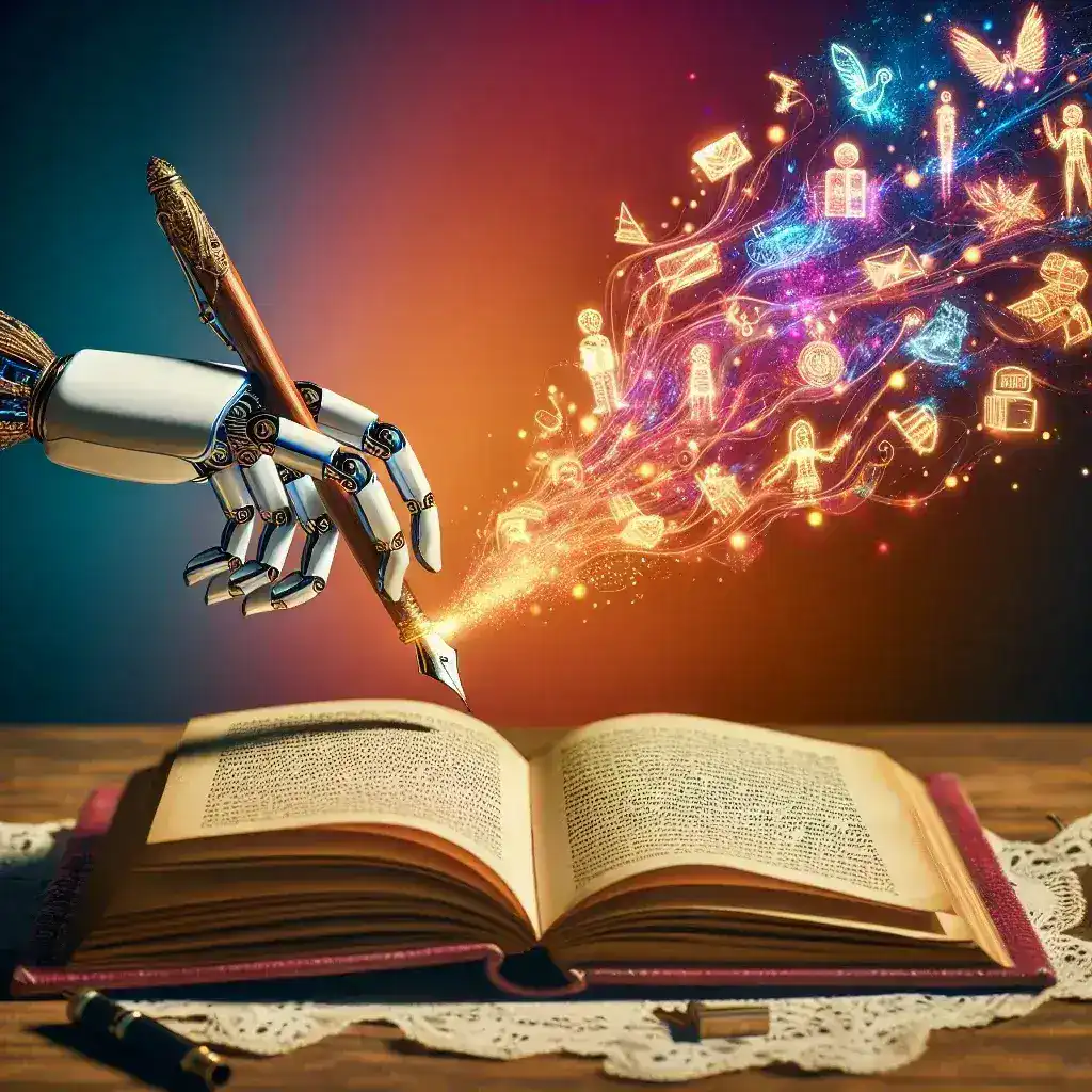 Alt text: "Ilustración de un cerebro humano conectado a iconos de inteligencia artificial y herramientas de escritura, representando cómo utilizar IA para la creación de textos creativos en la guía completa sobre potenciar la creatividad."